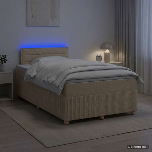 LED-valgustusega kontinentaalvoodi koos madratsiga, kreemjasvalge, 120 × 190 cm, kangas — mudel 3452881