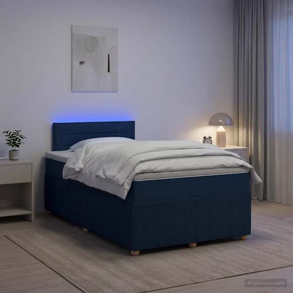 LED-valgustusega kontinentaalvoodi koos madratsiga, sinine, 120 × 190 cm, kangas — mudel 3452882