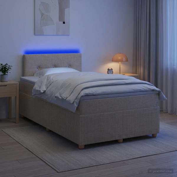 LED-valgustusega kontinentaalvoodi koos madratsiga, kreemjasvalge, 120 × 190 cm, kangas — mudel 3452888