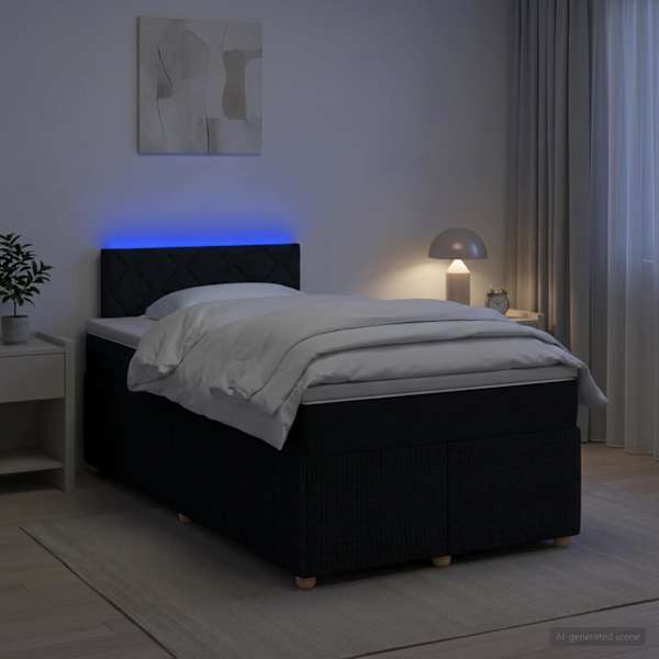 LED-valgustusega kontinentaalvoodi koos madratsiga, must, 120 × 190 cm, kangas — mudel 3452892