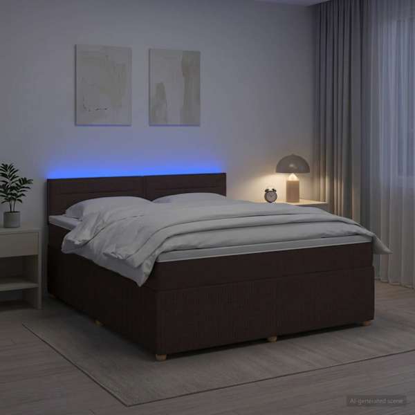 LED-valgustusega kontinentaalvoodi koos madratsiga, tumepruun, 180 × 200 cm, kangas — mudel 3452984
