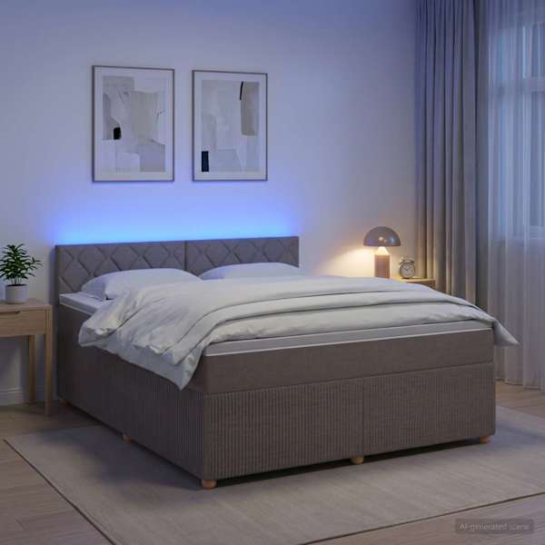 LED-valgustusega kontinentaalvoodi koos madratsiga, pruunikashall, 180 × 200 cm, kangas — mudel 3452999