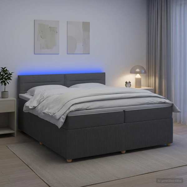 LED-valgustusega kontinentaalvoodi koos 2 madratsiga, tumehall, 200 × 200 cm, kangas — mudel 3453003