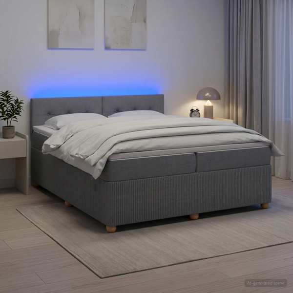 LED-valgustusega kontinentaalvoodi koos 2 madratsiga, helehall, 200 × 200 cm, kangas — mudel 3453009