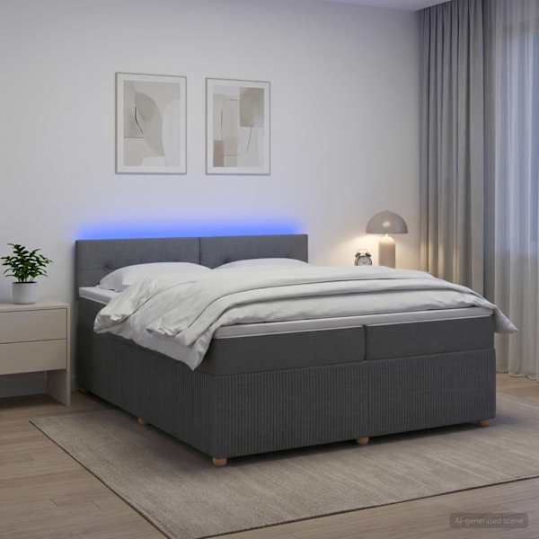 LED-valgustusega kontinentaalvoodi koos 2 madratsiga, tumehall, 200 × 200 cm, kangas — mudel 3453010