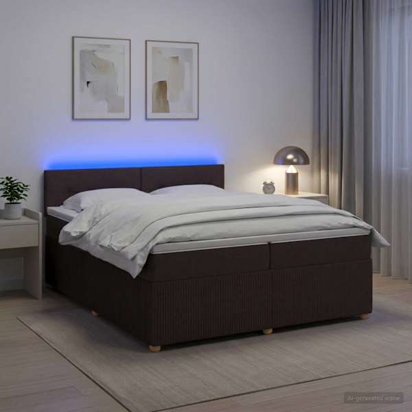 LED-valgustusega kontinentaalvoodi koos 2 madratsiga, tumepruun, 200 × 200 cm, kangas — mudel 3453012