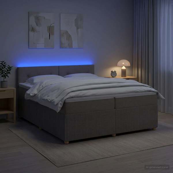 LED-valgustusega kontinentaalvoodi koos 2 madratsiga, pruunikashall, 200 × 200 cm, kangas — mudel 3453013