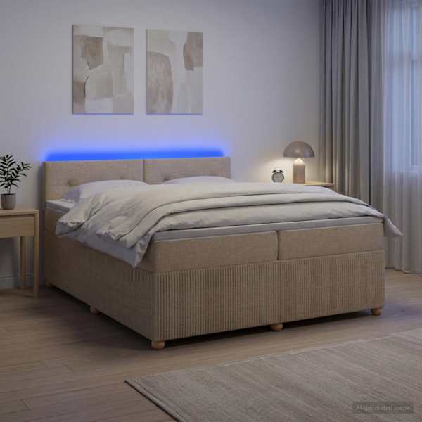 LED-valgustusega kontinentaalvoodi koos 2 madratsiga, kreemjasvalge, 200 × 200 cm, kangas — mudel 3453014