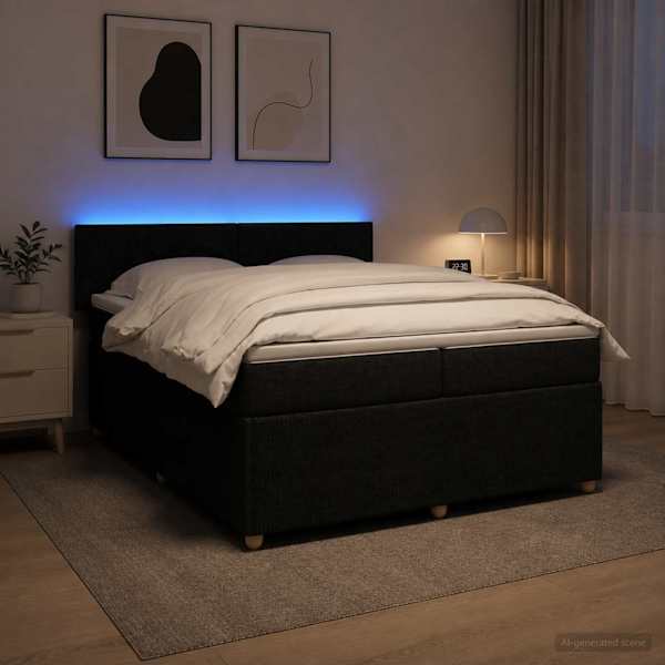 LED-valgustusega kontinentaalvoodi koos 2 madratsiga, must, 200 × 200 cm, kangas — mudel 3453018