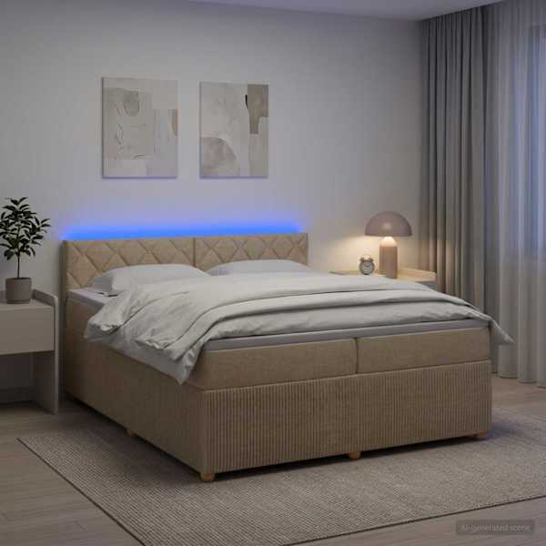 LED-valgustusega kontinentaalvoodi koos 2 madratsiga, kreemjasvalge, 200 × 200 cm, kangas — mudel 3453021