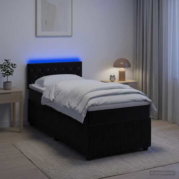 LED-valgustusega kontinentaalvoodi koos madratsiga, must, 80 × 200 cm, samet