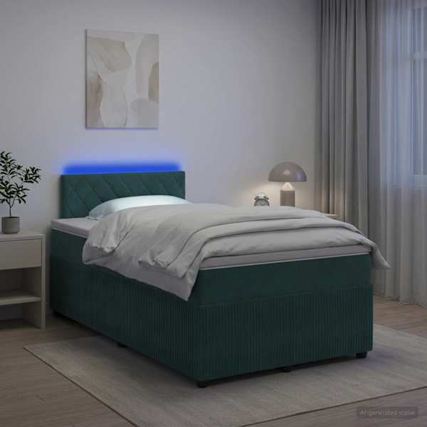 LED-valgustusega kontinentaalvoodi koos madratsiga, tumeroheline, 120 × 190 cm, samet — mudel 3453098