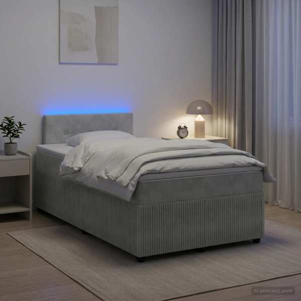 LED-valgustusega kontinentaalvoodi koos madratsiga, helehall, 120 × 190 cm, samet — mudel 3453101