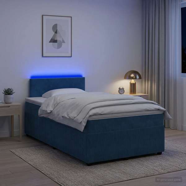 LED-valgustusega kontinentaalvoodi koos madratsiga, sinine, 120 × 190 cm, samet — mudel 3453105