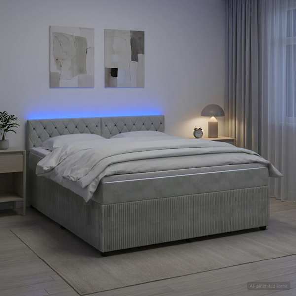 LED-valgustusega kontinentaalvoodi koos madratsiga, helehall, 180 × 200 cm, samet — mudel 3453185