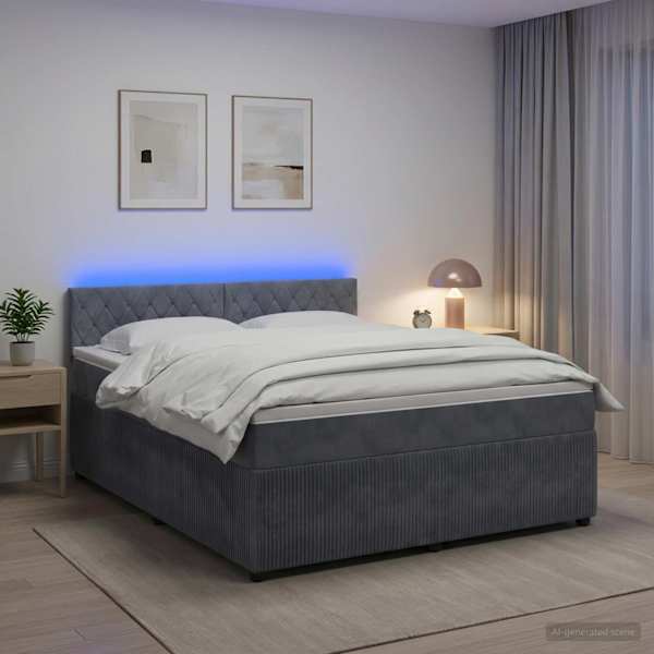 LED-valgustusega kontinentaalvoodi koos madratsiga, tumehall, 180 × 200 cm, samet — mudel 3453186