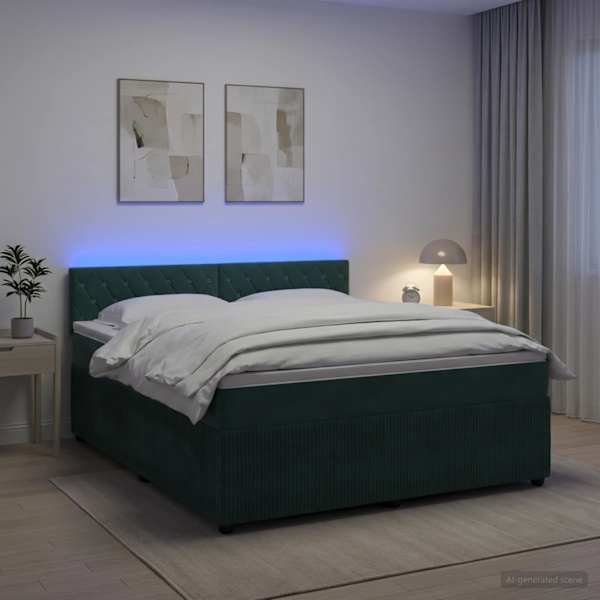 LED-valgustusega kontinentaalvoodi koos madratsiga, tumeroheline, 180 × 200 cm, samet — mudel 3453188