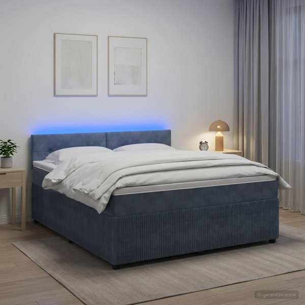 LED-valgustusega kontinentaalvoodi koos madratsiga, tumehall, 180 × 200 cm, samet — mudel 3453192