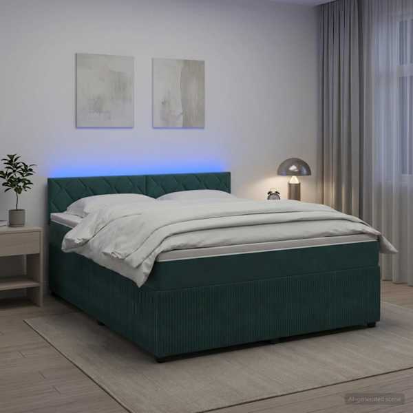 LED-valgustusega kontinentaalvoodi koos madratsiga, tumeroheline, 180 × 200 cm, samet — mudel 3453200
