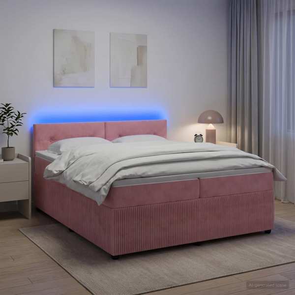 LED-valgustusega kontinentaalvoodi koos 2 madratsiga, roosa, 200 × 200 cm, samet — mudel 3453214