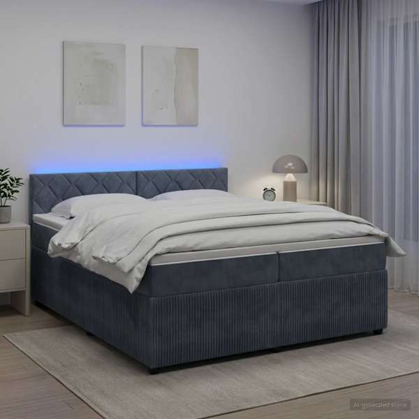 LED-valgustusega kontinentaalvoodi koos 2 madratsiga, tumehall, 200 × 200 cm, samet — mudel 3453216