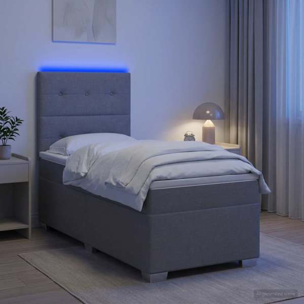 LED-valgustusega kontinentaalvoodi koos madratsiga, helehall, 80 × 200 cm, kangas — mudel 3454740