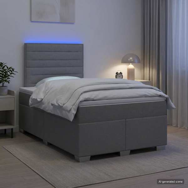 LED-valgustusega kontinentaalvoodi koos madratsiga, helehall, 120 × 190 cm, kangas — mudel 3454817