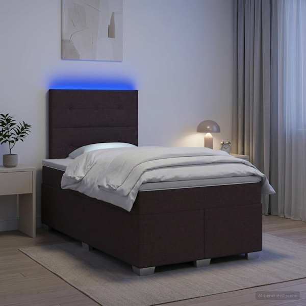 LED-valgustusega kontinentaalvoodi koos madratsiga, tumepruun, 120 × 190 cm, kangas — mudel 3454827