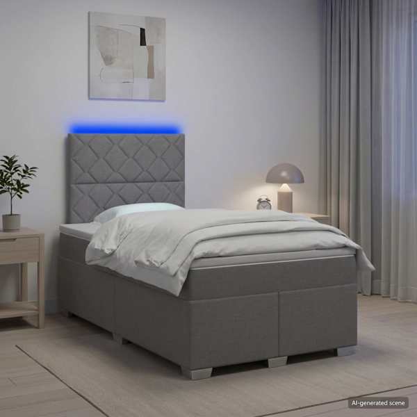 LED-valgustusega kontinentaalvoodi koos madratsiga, helehall, 120 × 190 cm, kangas — mudel 3454831