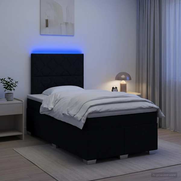 LED-valgustusega kontinentaalvoodi koos madratsiga, must, 120 × 190 cm, kangas — mudel 3454833