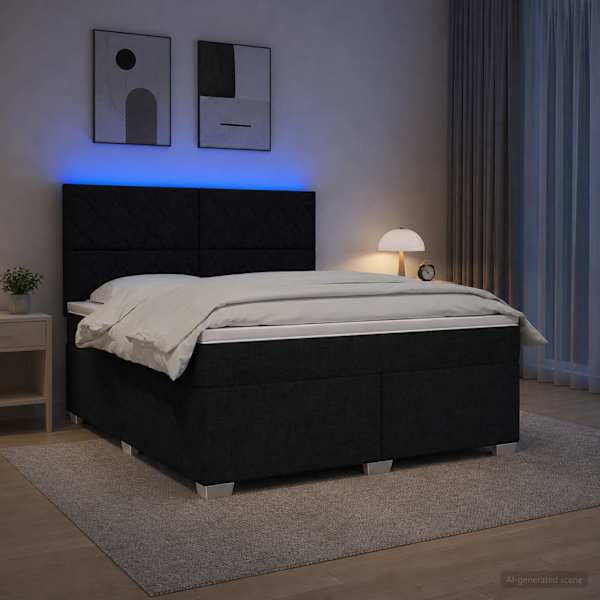 LED-valgustusega kontinentaalvoodi koos madratsiga, must, 180 × 200 cm, kangas — mudel 3454938