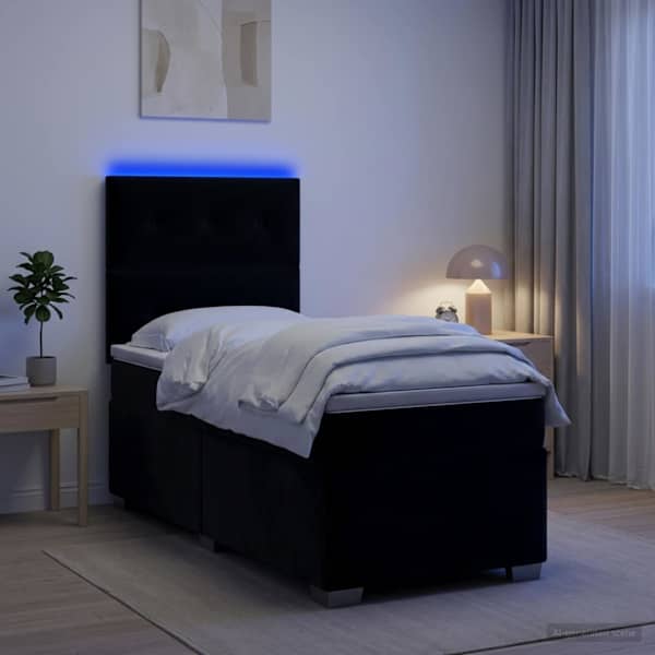LED-valgustusega kontinentaalvoodi koos madratsiga, must, 80 × 200 cm, samet