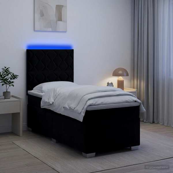 LED-valgustusega kontinentaalvoodi koos madratsiga, must, 80 × 200 cm, samet