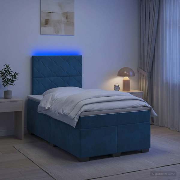LED-valgustusega kontinentaalvoodi koos madratsiga, sinine, 120 × 190 cm, samet — mudel 3455076