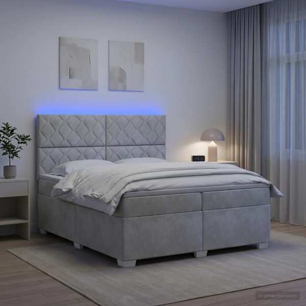 LED-valgustusega kontinentaalvoodi koos 2 madratsiga, helehall, 200 × 200 cm, samet — mudel 3455180