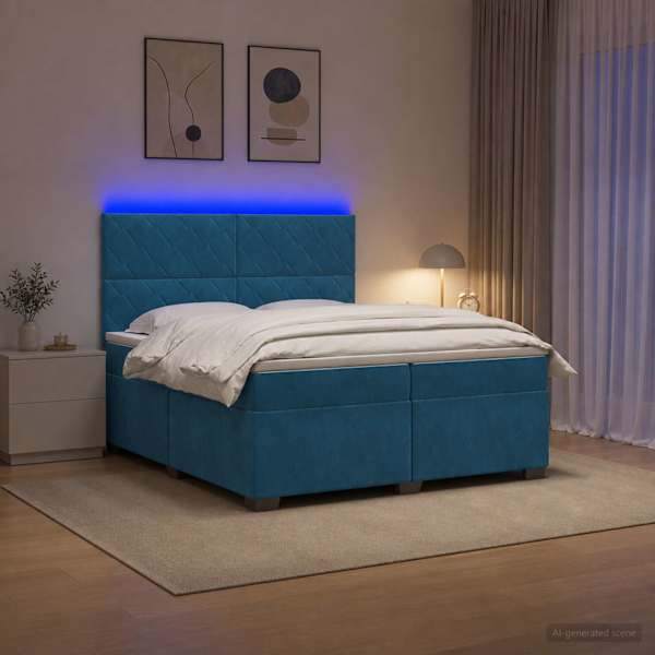 LED-valgustusega kontinentaalvoodi koos 2 madratsiga, sinine, 200 × 200 cm, samet — mudel 3455184