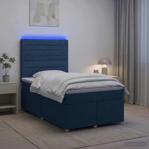 LED-valgustusega kontinentaalvoodi koos madratsiga, sinine, 120 × 190 cm, kangas — mudel 3455300