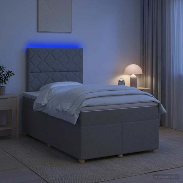 LED-valgustusega kontinentaalvoodi koos madratsiga, helehall, 120 × 190 cm, kangas — mudel 3455308