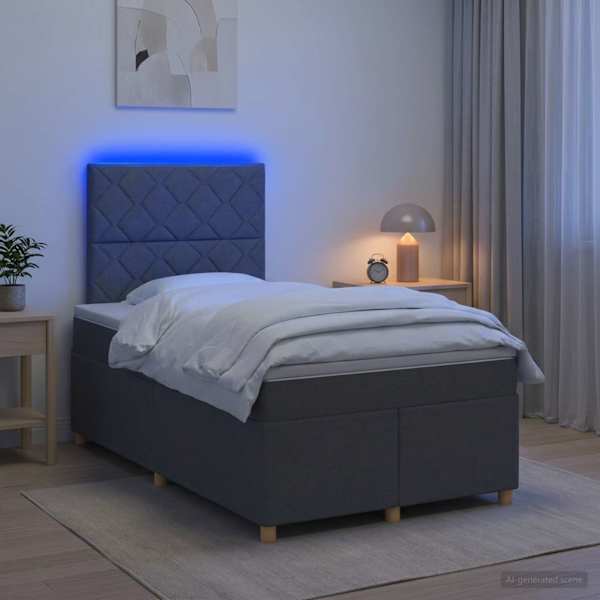 LED-valgustusega kontinentaalvoodi koos madratsiga, tumehall, 120 × 190 cm, kangas — mudel 3455309
