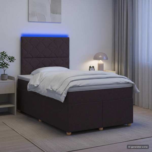 LED-valgustusega kontinentaalvoodi koos madratsiga, tumepruun, 120 × 190 cm, kangas — mudel 3455311