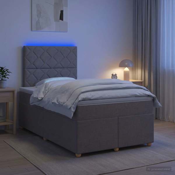 LED-valgustusega kontinentaalvoodi koos madratsiga, pruunikashall, 120 × 190 cm, kangas — mudel 3455312