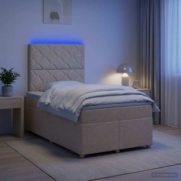 LED-valgustusega kontinentaalvoodi koos madratsiga, kreemjasvalge, 120 × 190 cm, kangas — mudel 3455313