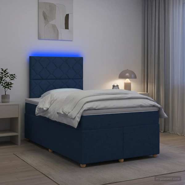 LED-valgustusega kontinentaalvoodi koos madratsiga, sinine, 120 × 190 cm, kangas — mudel 3455314