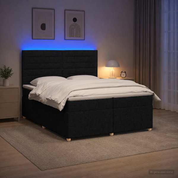 LED-valgustusega kontinentaalvoodi koos 2 madratsiga, must, 200 × 200 cm, kangas — mudel 3455422