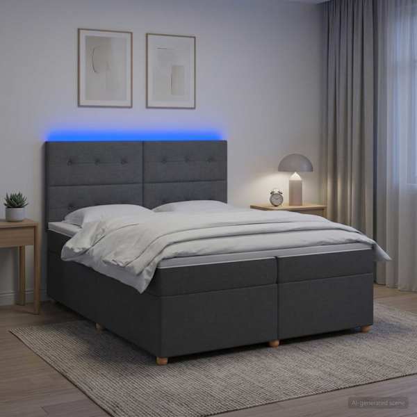LED-valgustusega kontinentaalvoodi koos 2 madratsiga, tumehall, 200 × 200 cm, kangas — mudel 3455428