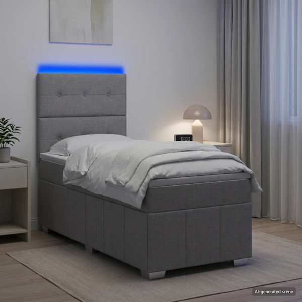 LED-valgustusega voodiraam peatsiga koos madratsiga, helehall, 80 × 200 cm, kangas — mudel 3455472