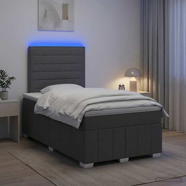 LED-valgustusega voodiraam peatsiga koos madratsiga, tumehall, 120 × 190 cm, kangas — mudel 3455550