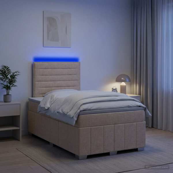 LED-valgustusega voodiraam peatsiga koos madratsiga, kreemjasvalge, 120 × 190 cm, kangas — mudel 3455554