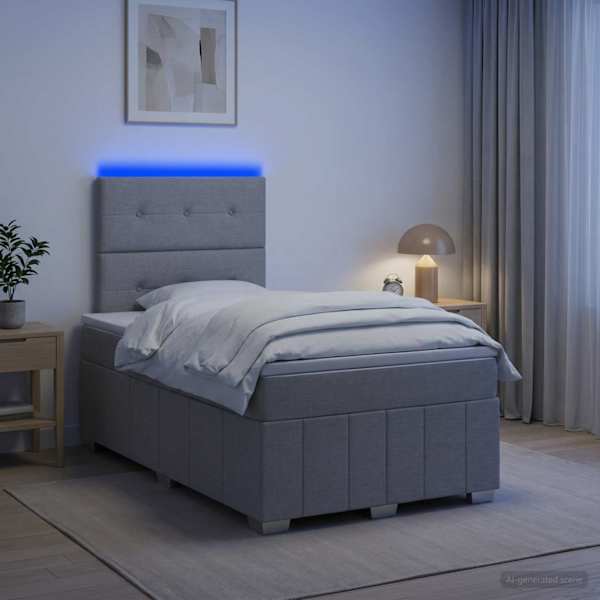 LED-valgustusega voodiraam peatsiga koos madratsiga, helehall, 120 × 190 cm, kangas — mudel 3455556