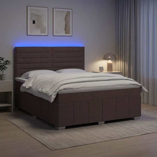 LED-valgustusega voodiraam peatsiga koos madratsiga, tumepruun, 180 × 200 cm, kangas — mudel 3455657